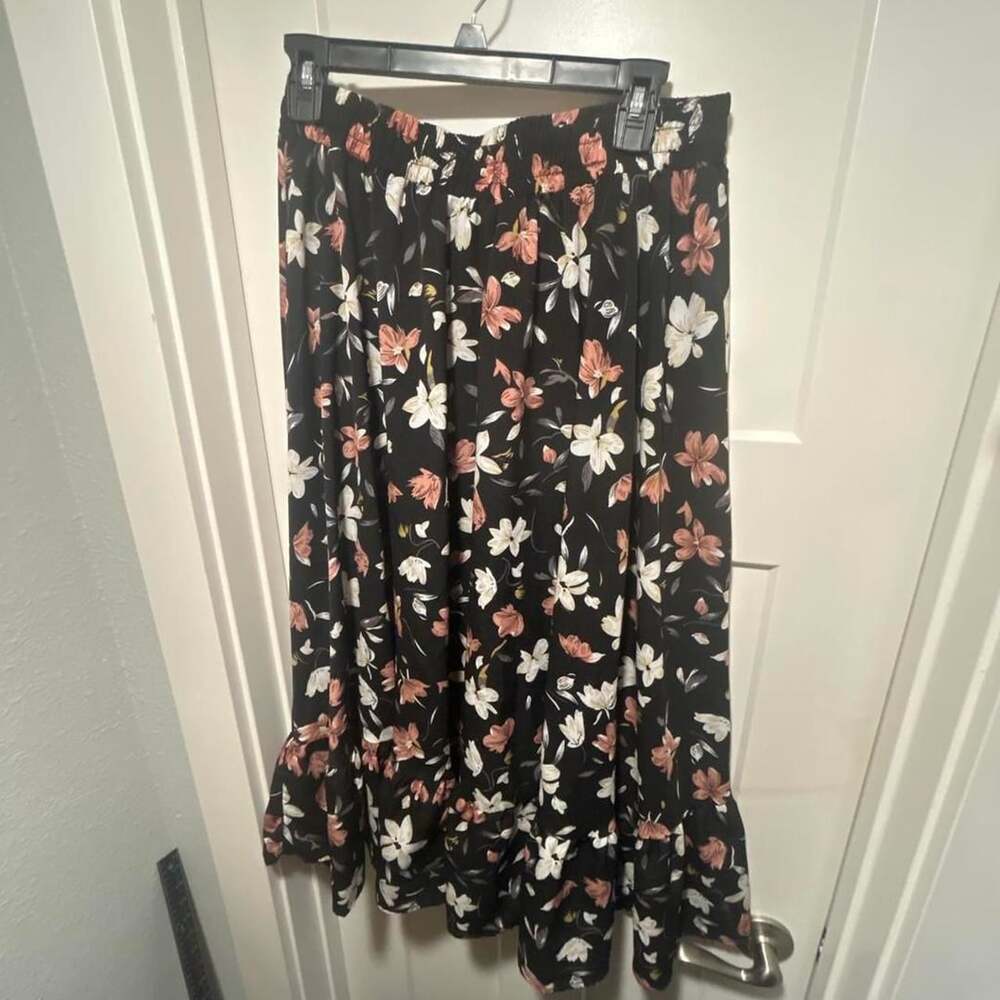 SHEIN Floral Midi Skirt Size XL Black Pink Ruffle Hem